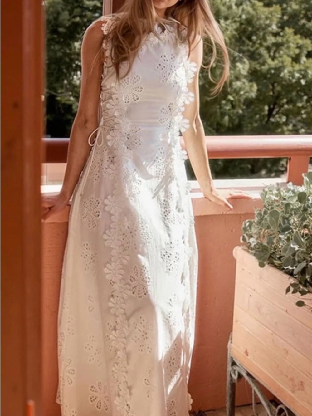Sleeveless White Floral Eyelet Maxi Dress